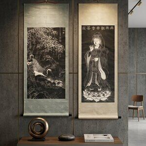 Bundle of 2 Antique Orig Scroll Hand Painting on Silk Bird Buddha From Old China